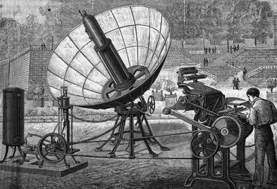 Augustin Bernard Mouchot's parabolic solar collector in 1880, powering a printing press