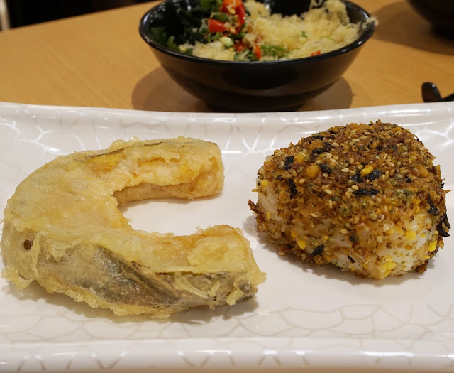 tasty pumpkin tempura and chicken onigiri