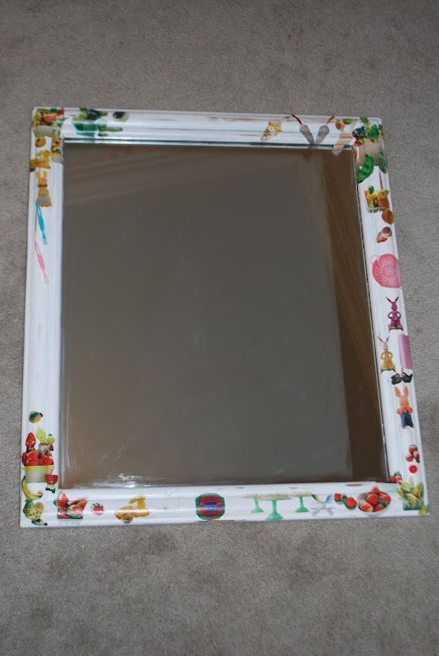 decoupaged mirror with images of vintage salt/pepper shakers