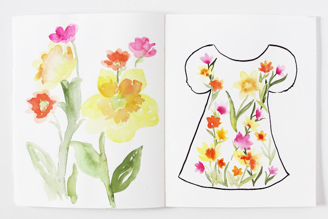 2x2 sketchbook, watercolor, sketchbooks, spring flowers, watercolor flowers, fashion design, fabric design, Dana Barbieri, Anne Butera