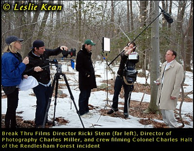 Break Thru Films Director Ricki Stern (far left), Director of Photography Charles Miller, and crew filming Colonel Charles Halt of the Rendlesham Forest incident