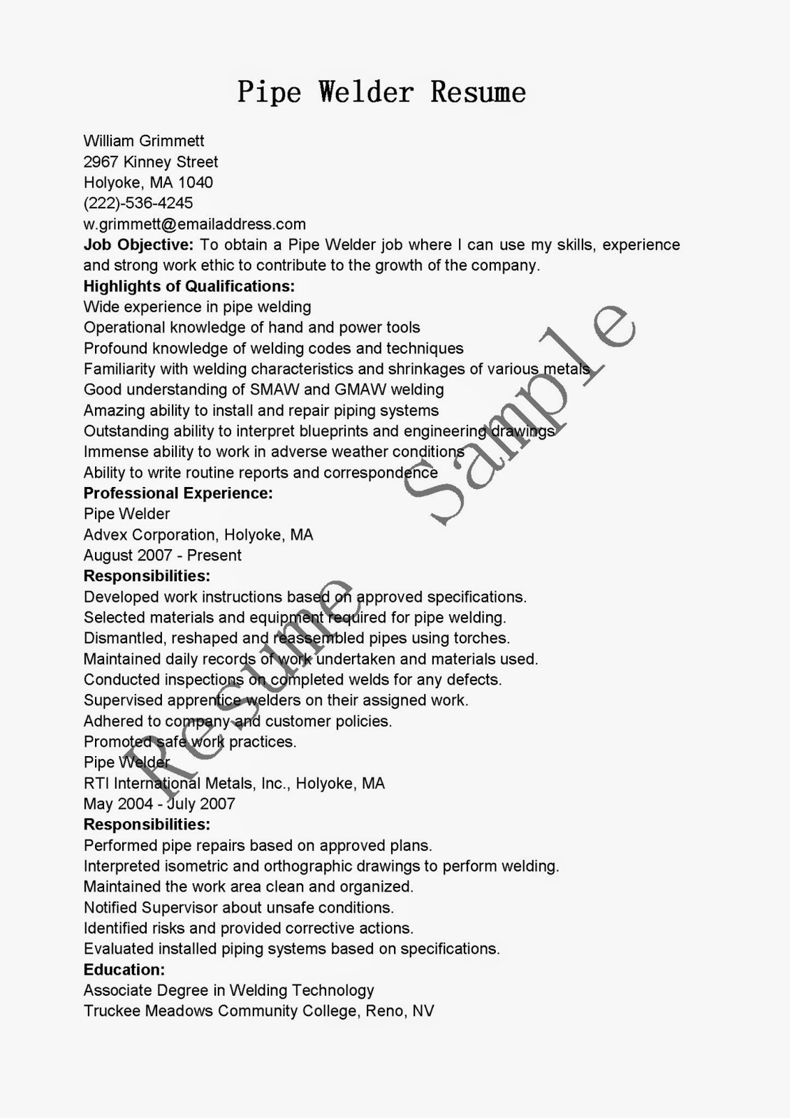 resume samples  pipe welder resume sample