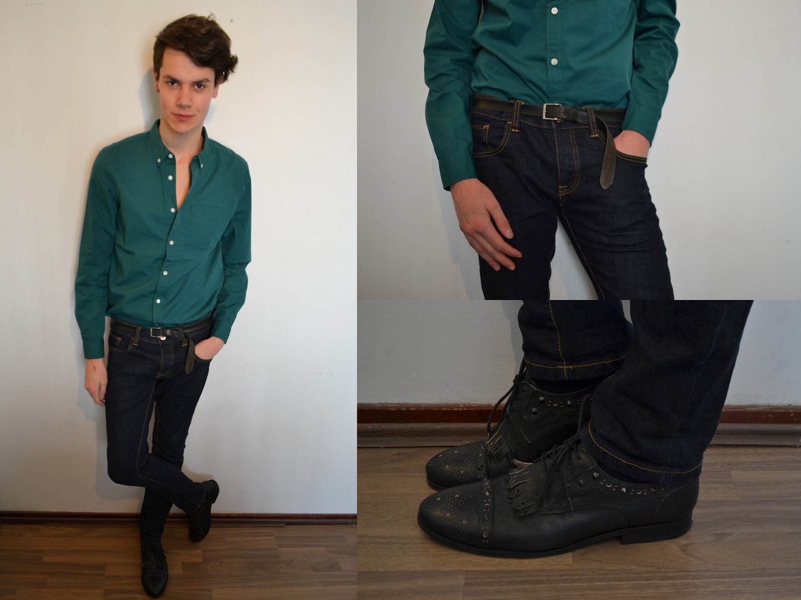 green shirt dark blue jeans