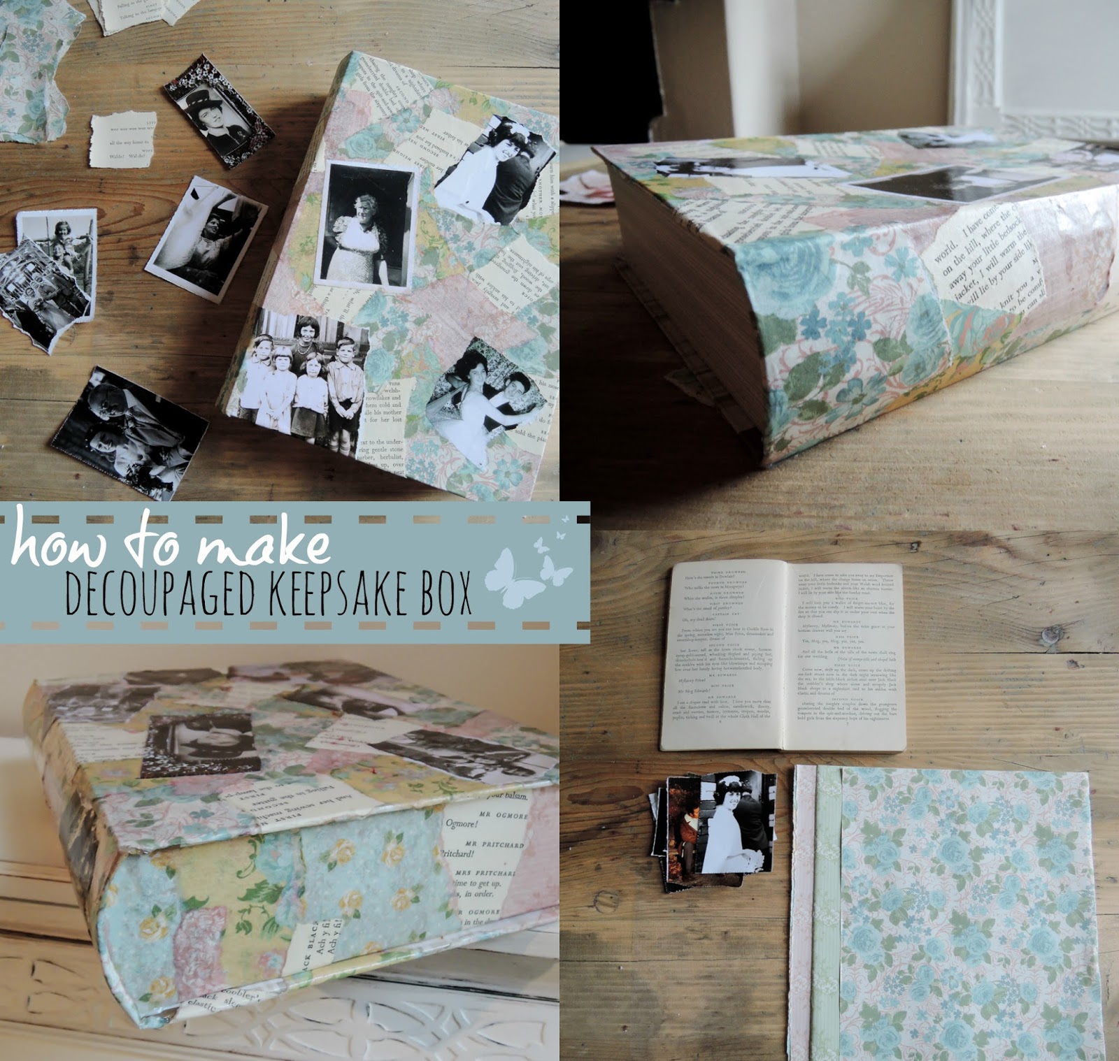 A handmade cottage Decoupaged keepsake box + with pretty florals and old photos.
