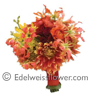 To the left is a summer bridal bouquet using orange gloriosa lilies with