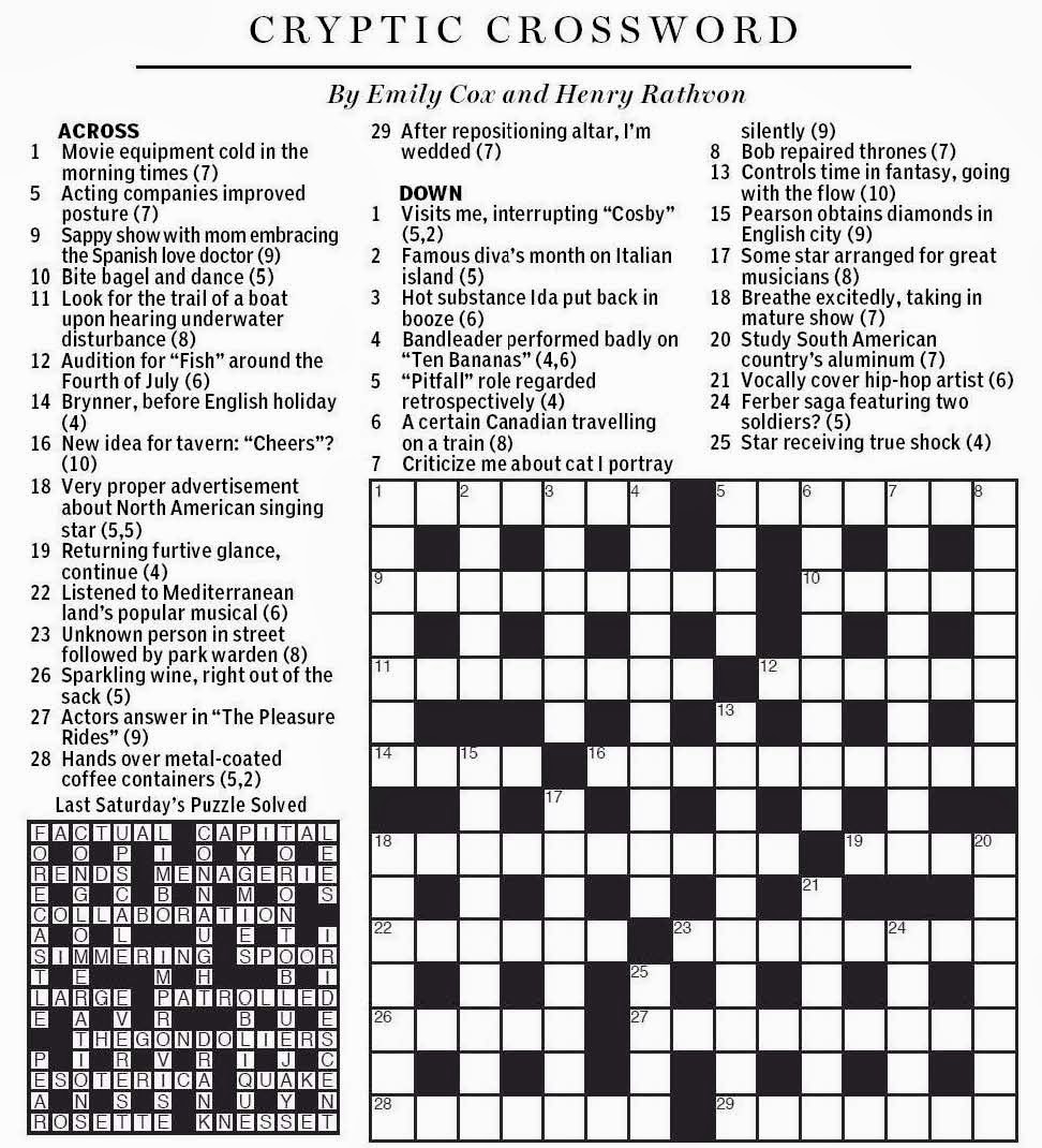 National Post Cryptic Crossword Forum: Saturday, February 8, 2014
