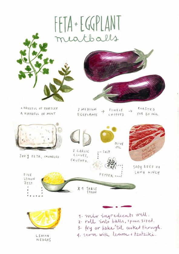 Feta & Eggplant Meatball illustrated recipe by Felicita Sala