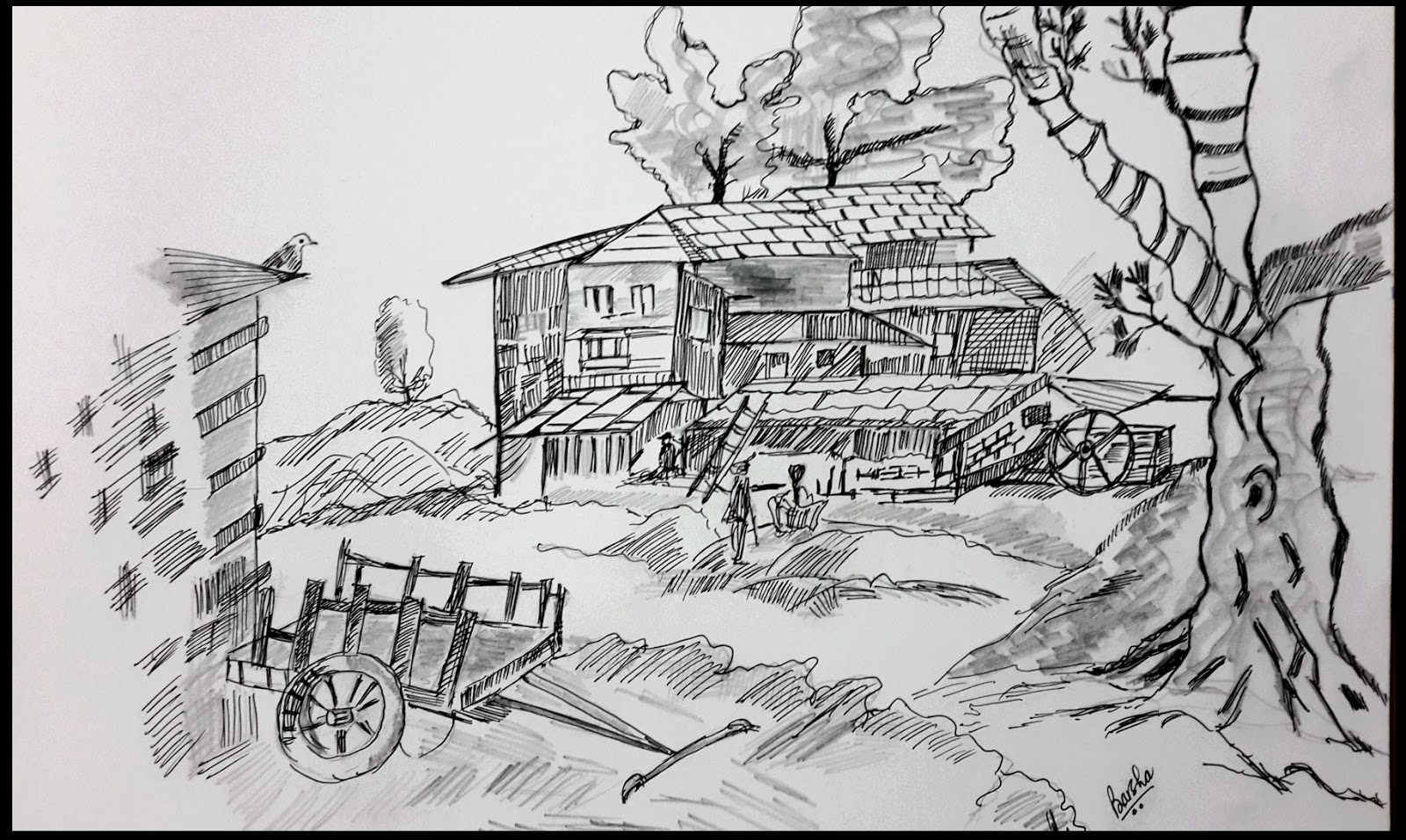 Barsha's painting Village scene, inknpencil on A3 size sketchbook