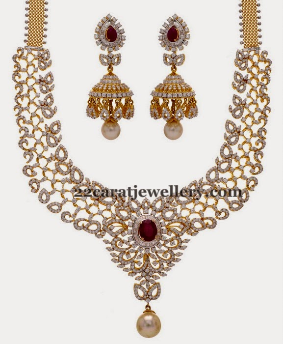 Diamond Heavy Set with Jhumkas Jewellery Designs