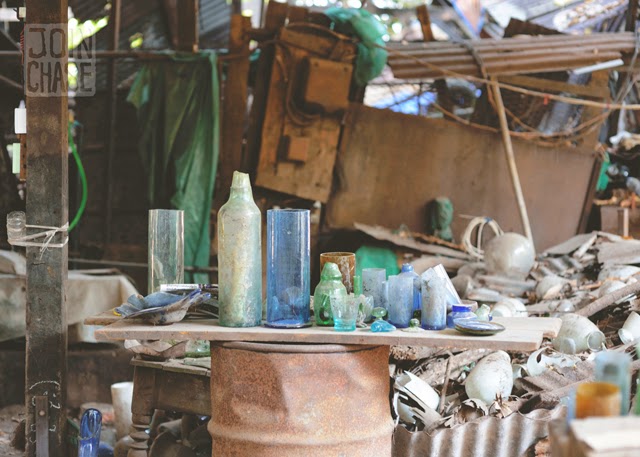 A few glass items and old pieces of what was inside Nagar Glass Factory in Yangon, Myanmar.