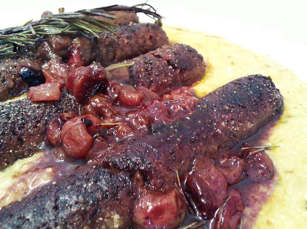 A Profound Hatred of Meat Sausage with Roasted Red Grapes and Soft Polenta