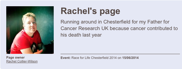  Rachel's JustGiving page for Race for Life