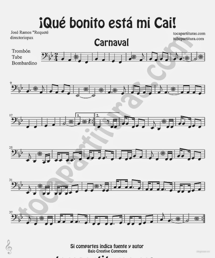 Tubescore Que bonito esta mi Cai Sheet Music for Trombone, Tube and Euphonium Carnival Folk Music