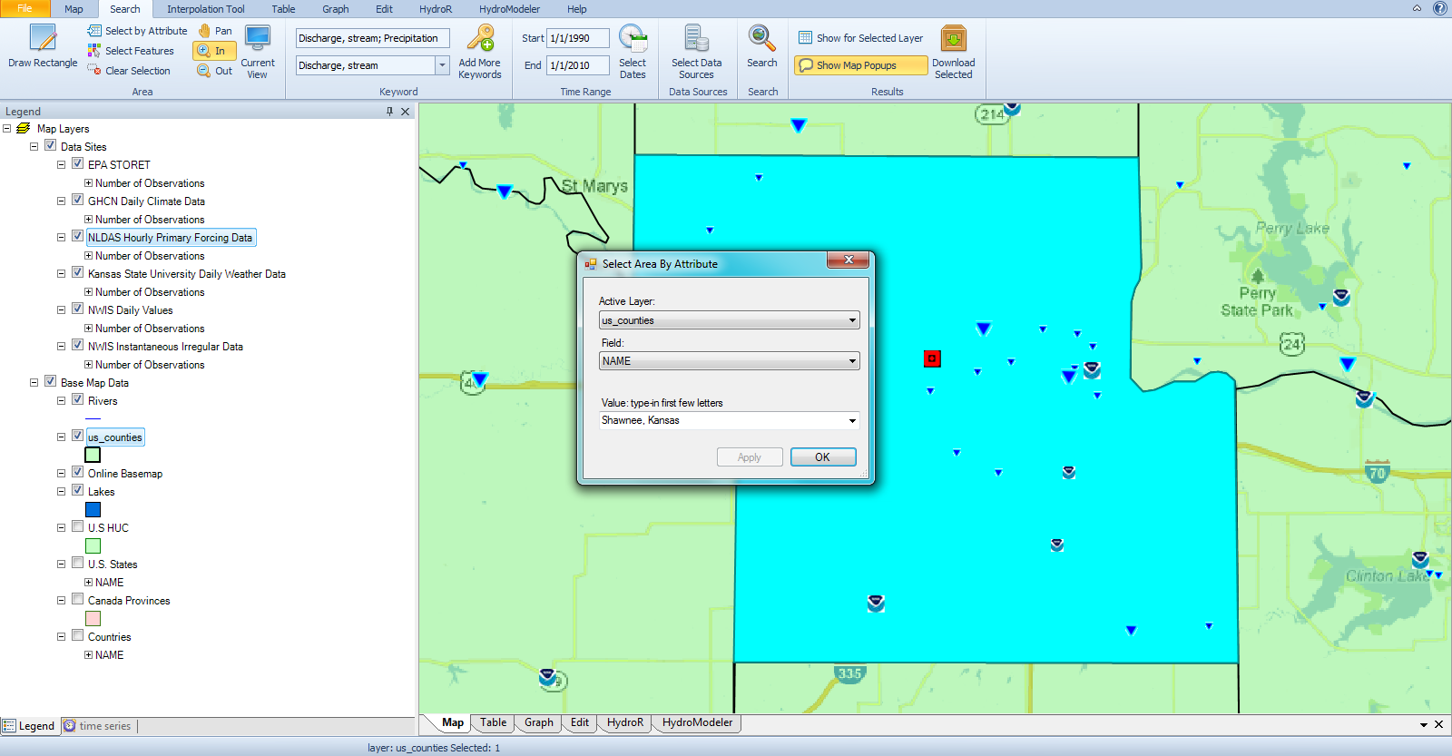 you can use any gis layer like the u s counties layer that is included with the hydrodesktop download to search for data you can use any gis layer like the u s counties layer that is included with the hydrodesktop download to search for data