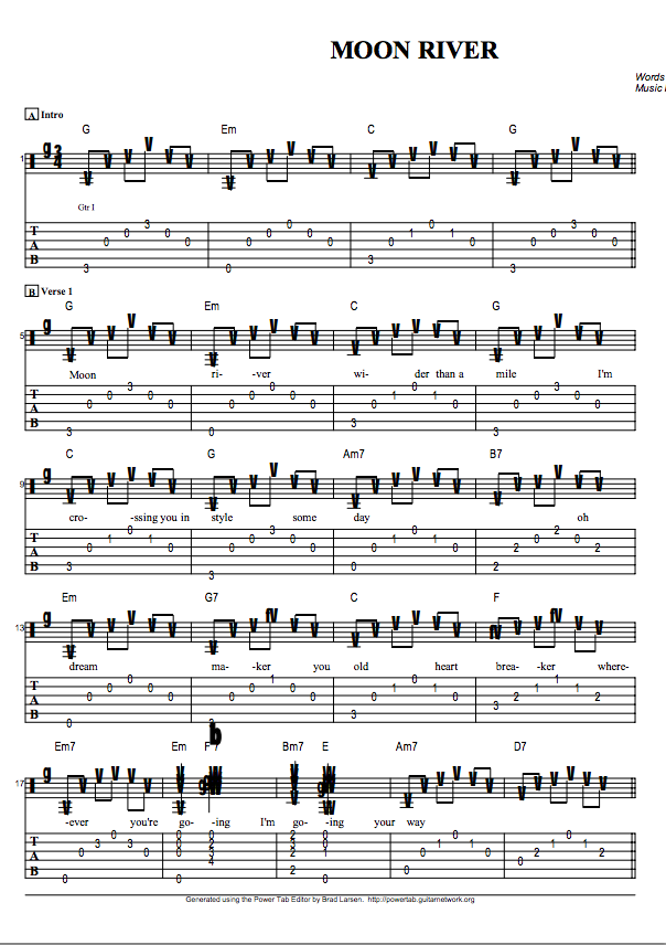 Guitar Tabs Song Sheet and Tabs For Moon River