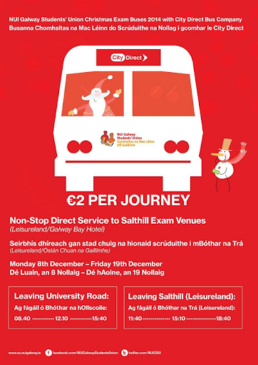 University to Leisureland - direct bus 8-19 December - €2 per journey.