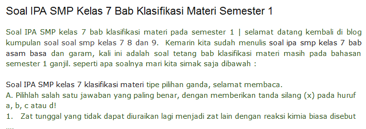 Soal IPA SMP kelas 7 klasifikasi materi tipe pilihan ganda, selamat
