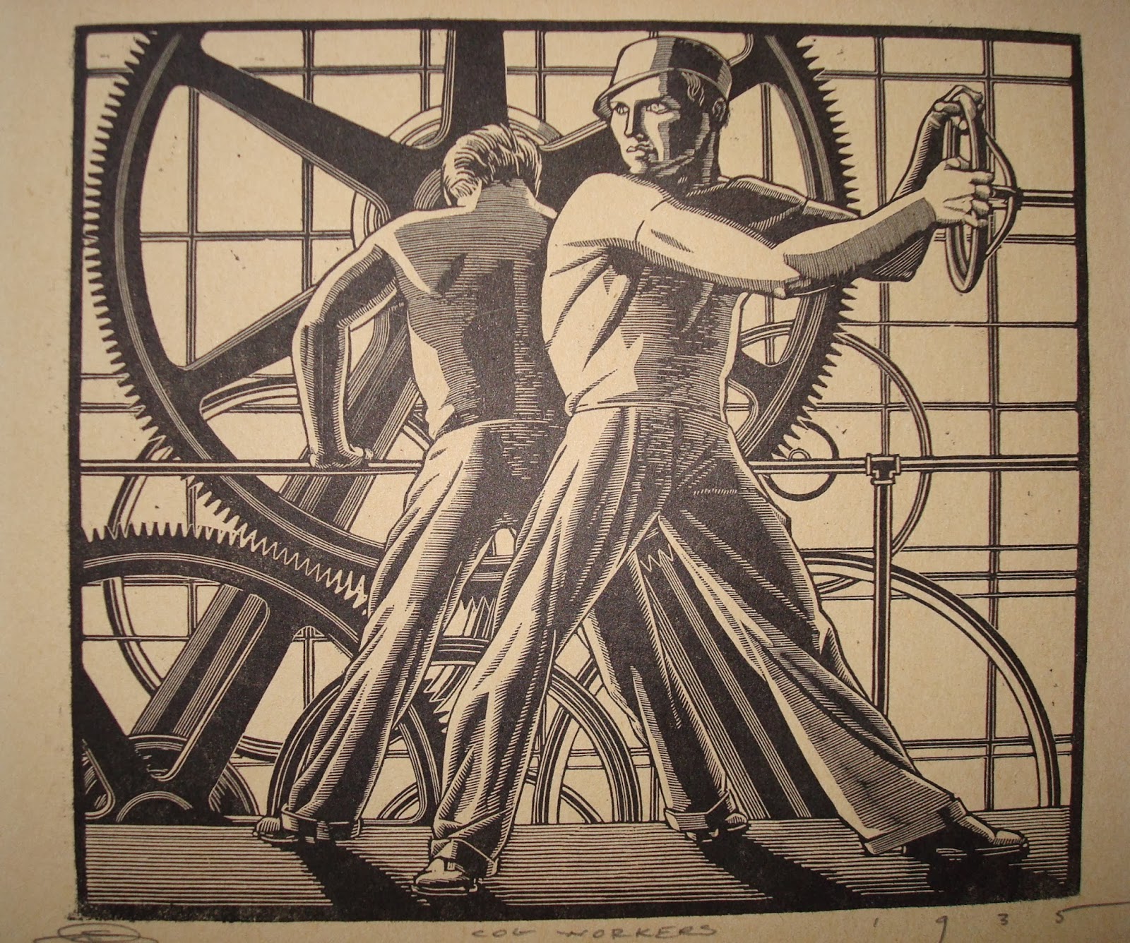 Era Antiques American Art Deco Engraving Titled Cog Workers