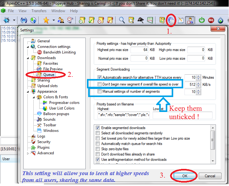 Some settings for  Dc++ Speed+increase