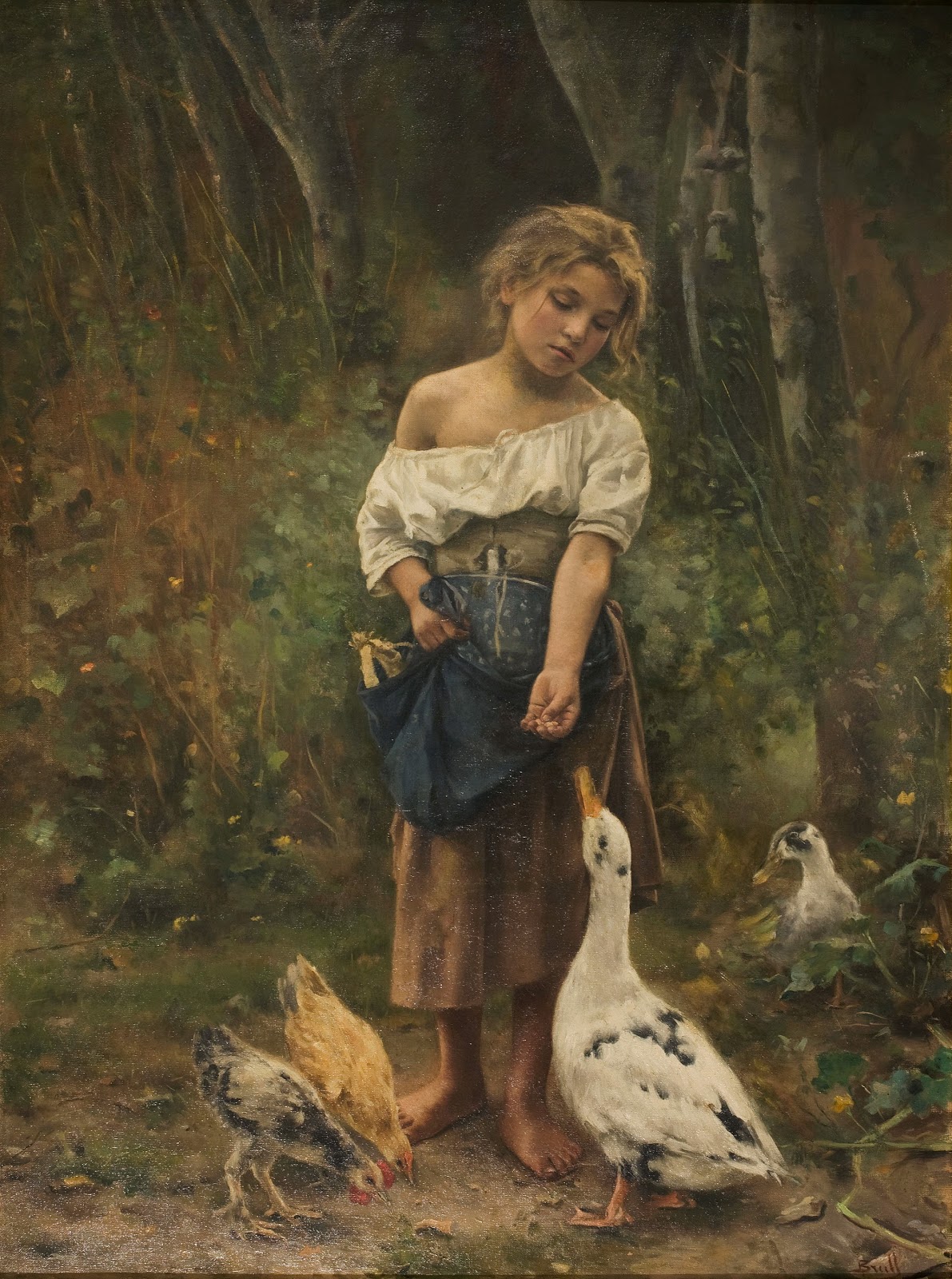 Joan Brull Girl Feeding A Goose