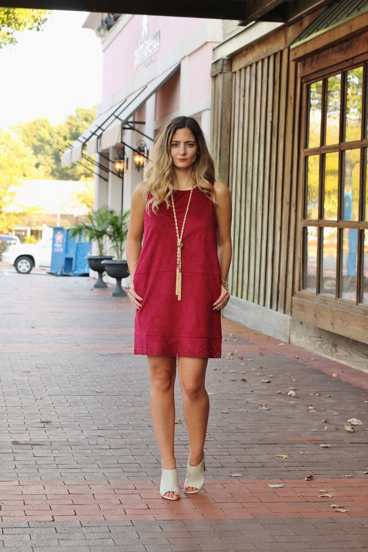 Bedazzles After Dark Game Day Outfit Suede Shift Dress