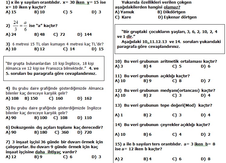 7. Sınıf Matematik 2. Dönem 1. Yazılı Sınav Soruları Testi 2013
