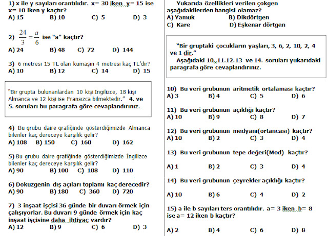 7. Sınıf Matematik 2. Dönem 1. Yazılı Sınav Soruları Testi 2013