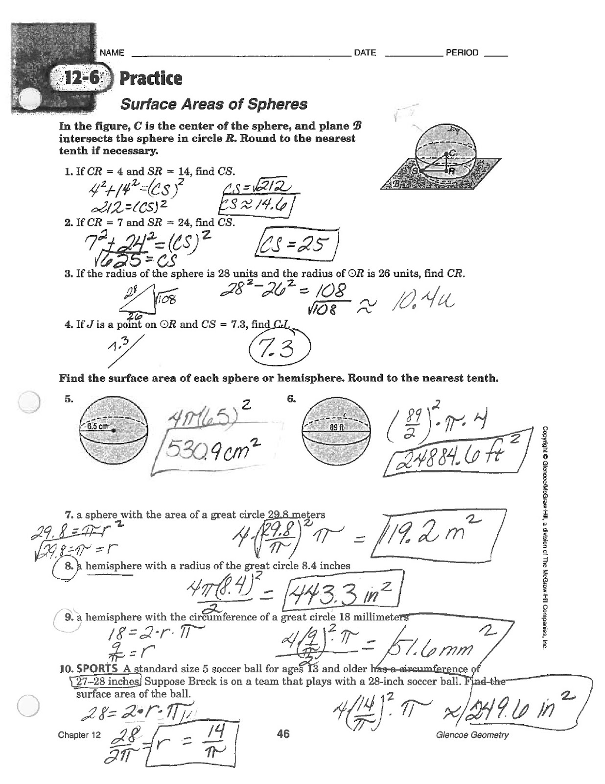 Worksheets Volume Of Spheres Worksheet math classes spring 2012 geometry spheres sa and volume volume