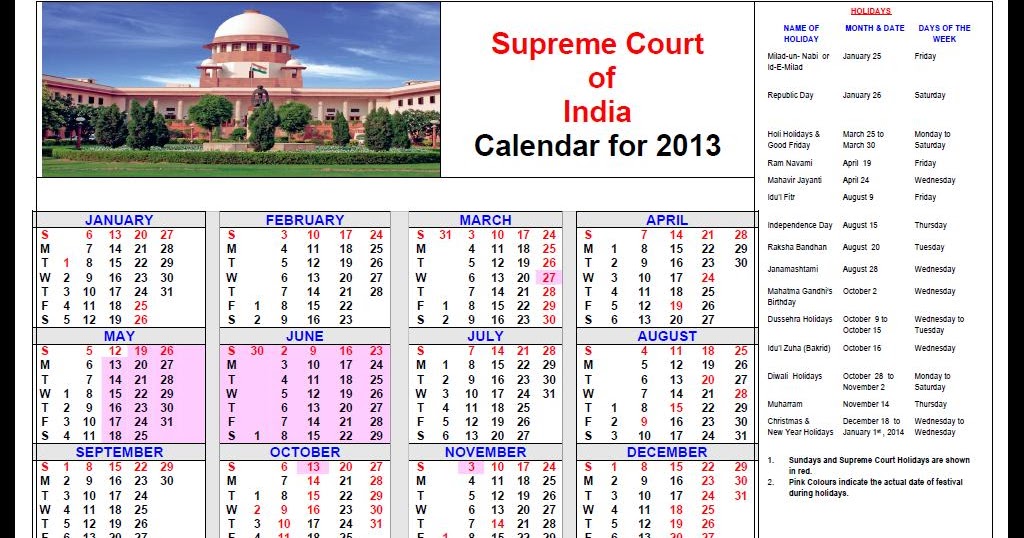 The Legal Diary. Supreme Court of India Calendar for 2013
