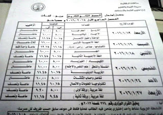 جدول الشهادة الاعدادية في القليوبية ترم اول بتاريخ 18 ديسمبر 2015 المنهاج المصري