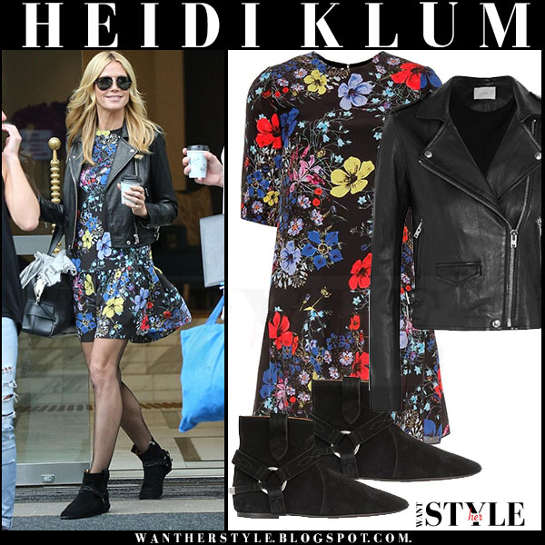 Heidi Klum in black biker jacket and floral print mini dress Heidi Klum in black biker iro ashville jacket and floral print erdem mini dress what she wore model style