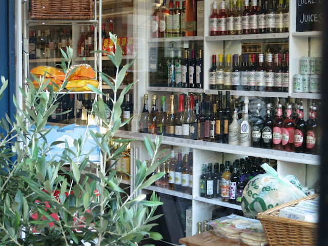 Bottles of wine seen through a shop window with small olive tree in foreground.