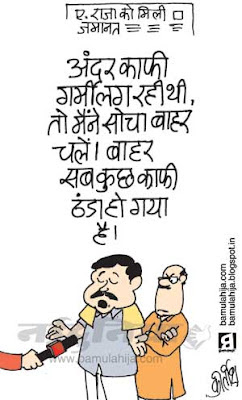 a raja, 2 g spectrum scam cartoon, tihaad jail cartoon, indian political cartoon, corruption cartoon