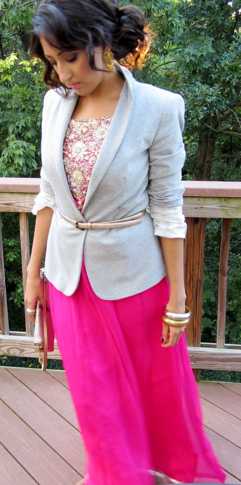 How to Wear Ethnic Pieces Belted Blazer + Pink Embellished Maxi THE