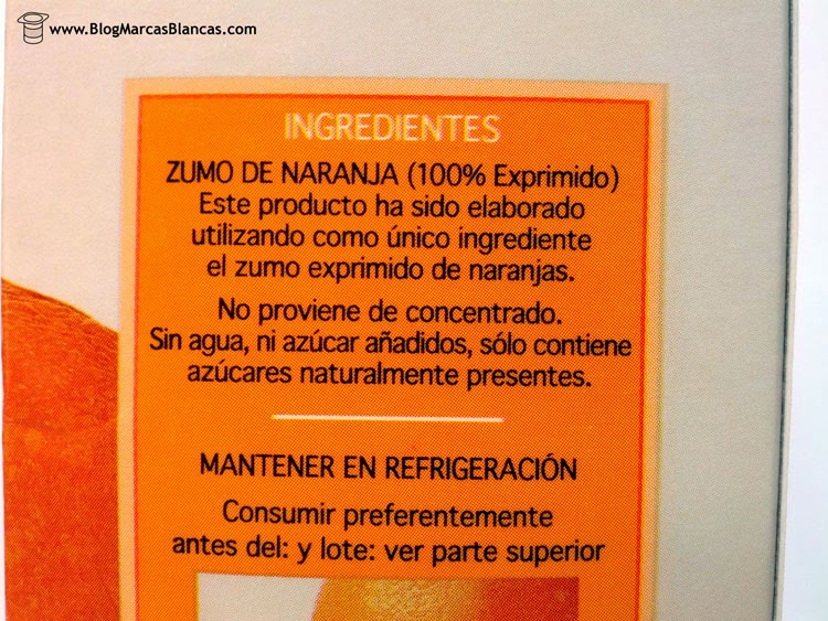 Ingredientes del Zumo refrigerado de naranja exprimida HACENDADO de Mercadona.