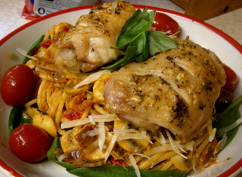 Eat Rainbow Love Crispy chicken thighs with red pesto spaghetti