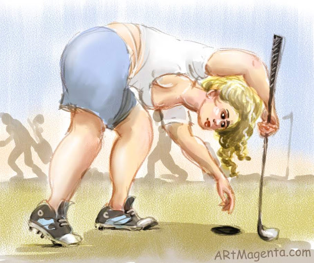 Picking up the golf ball, caricature by Artmagenta.