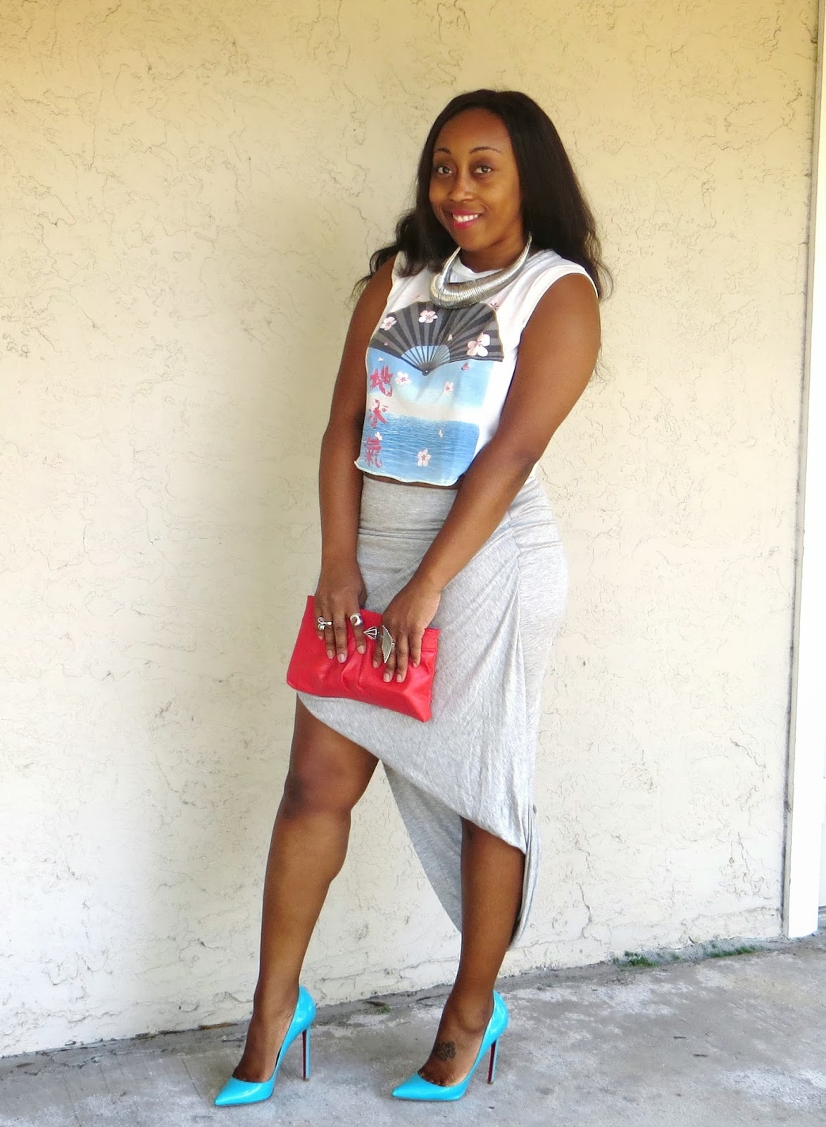 Outfit Draped Skirt and Red Bottoms