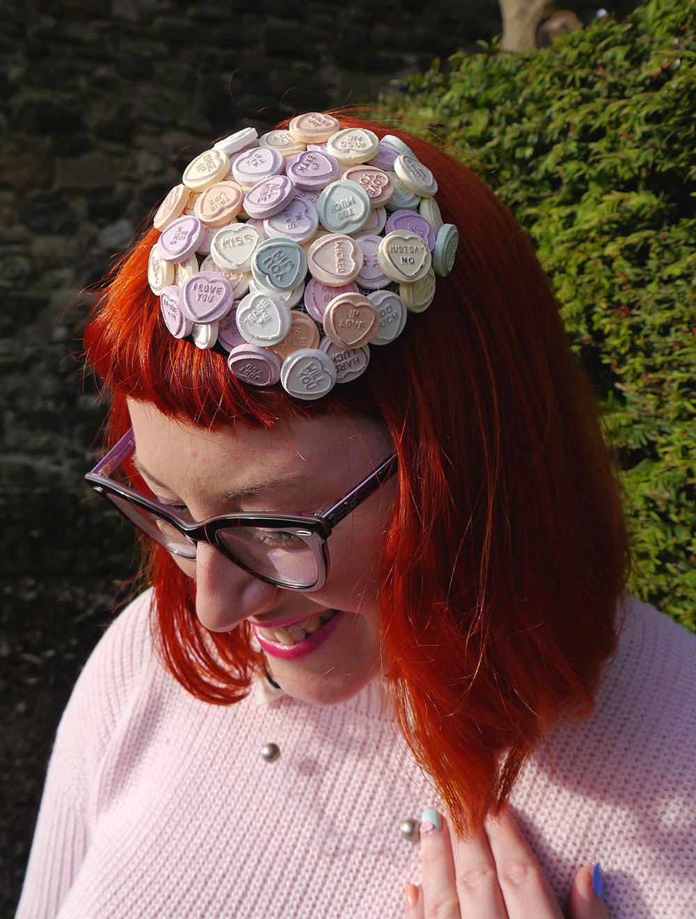 How Romantic - Love Heart Fascinator Valentine, Valentine's Day, Love Heart sweets, Sweet Inspired Outfit. Valentine's Day style, Valentine outfit, All pink outfit inspiration, She Inside winking jumper, Wear Eponymous pink skirt, H&M nude flatform shoes, Topshop frilly socks, Charcot necklace, giant lovehearts, Lovehearts headpiece, sweet hat, sweetie fascinator, Scottish Blogger