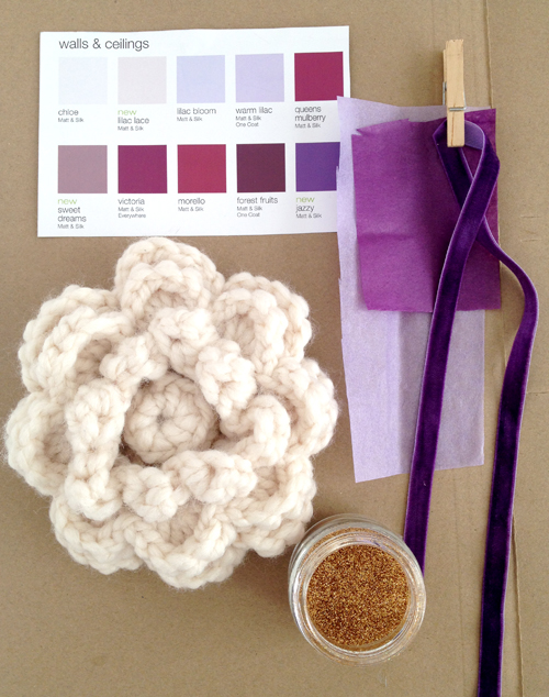 Purple Velvet and crochet Flower Moodboard for Fall