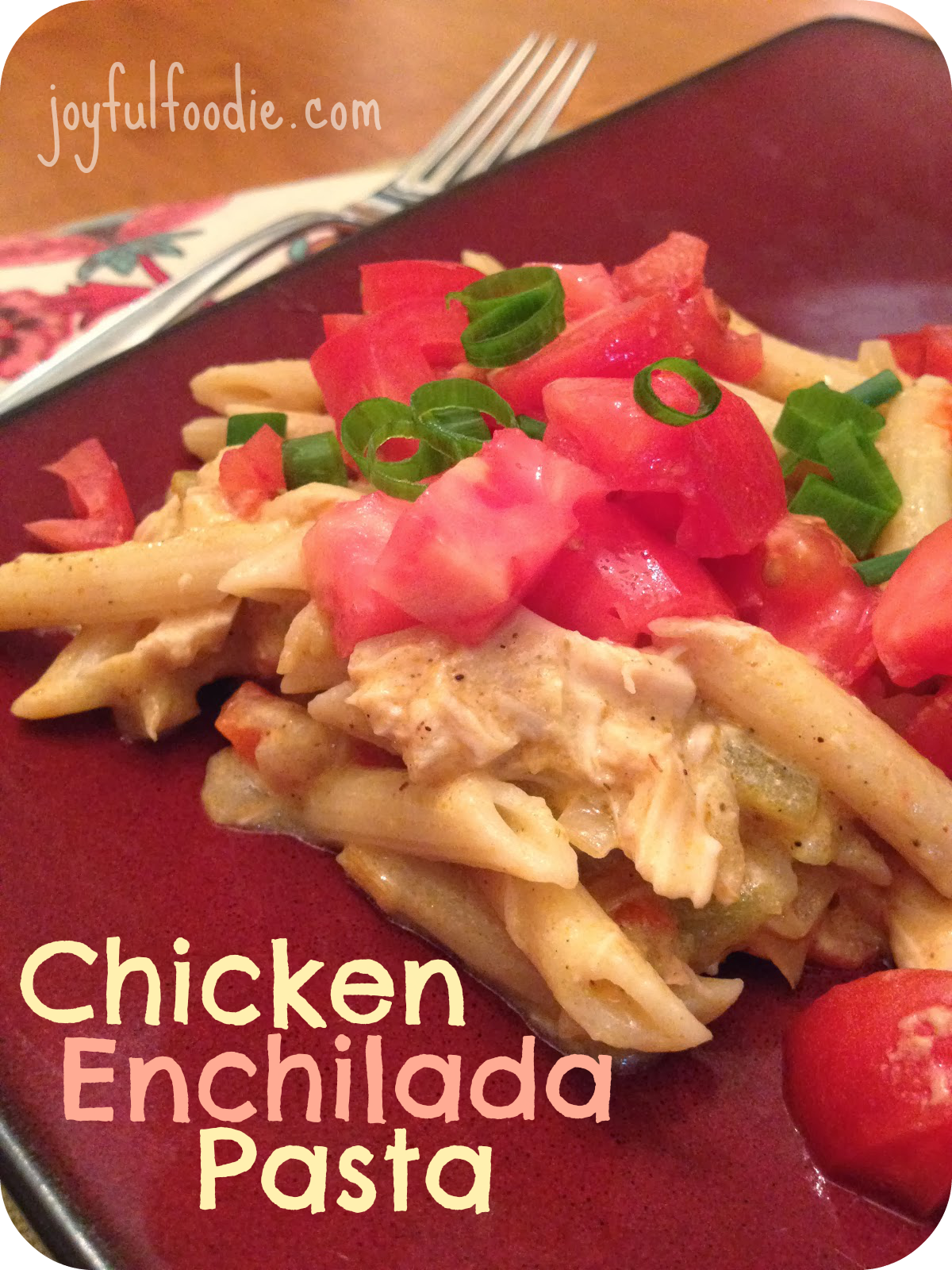 Chicken Enchilada Pasta; creamy delicious pasta dish, makes fantastic leftovers. My comfort food these days, so easy! #weeknightdinner 
