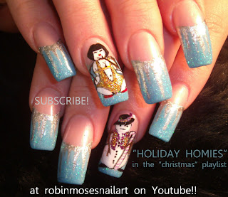 holiday homies, icicle nail, ice blue nail, silver icicles, pimp nail, stripper nail, borat bathing suit, long nail art, holly on natural nails, easy holly nail, penguin nail, penguin with hat nail, wreath nail, christmas tree nail, robin moses nail art, robinmosesnailart, christmas lights, silver french manicure, christmas nail trends 2011, max julien