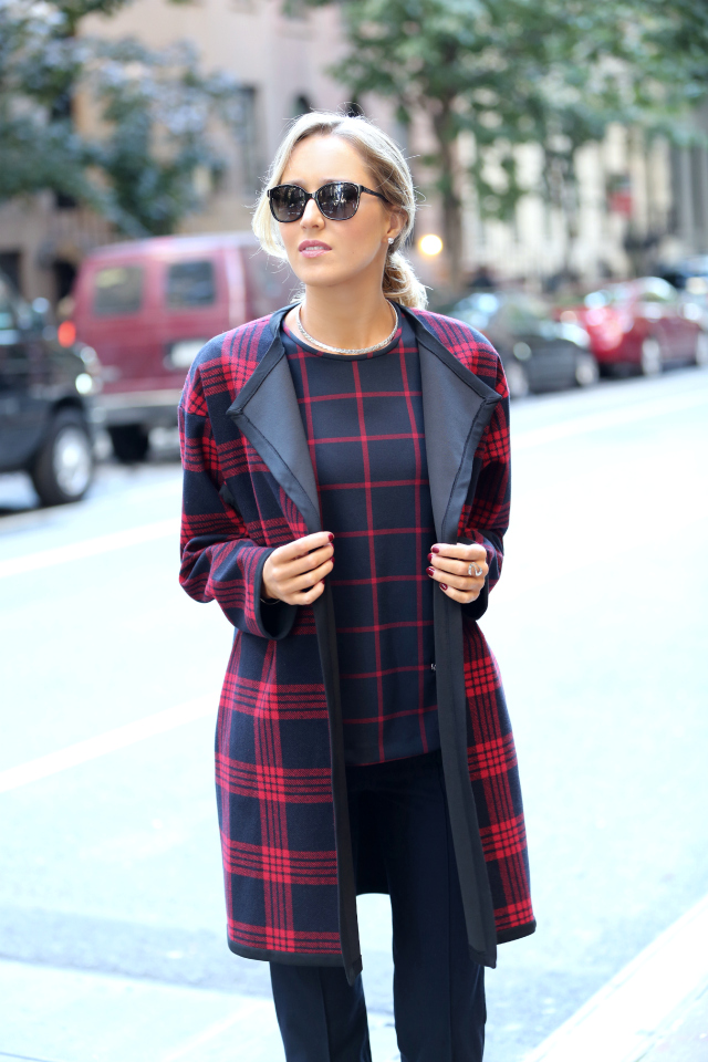 zara plaid coat cape red and navy tartan zara plaid zipper top cropped navy ponte straight leg pants tory burch darlene pumps spectator burgundy heels prada sunglasses essie polish berry naughty silver choker silver jewerly street style fall fashion trends 2013 new york city nyc the classy cubicle fashion blog for young professional women females woman girls 20s 30s 40s appropriate work wear office attire outfits professional corporate suit dos and donts crimes top ten day to night transition interview preppy office style dress for success step up lean in suit up
