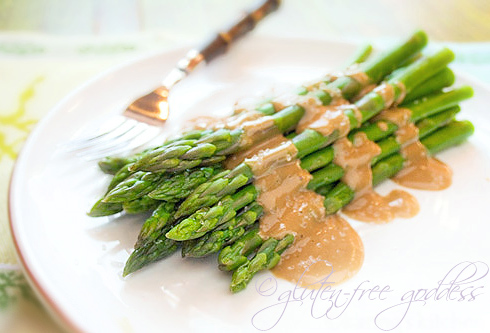 Asparagus with tahini maple dressing is vegan and gluten free