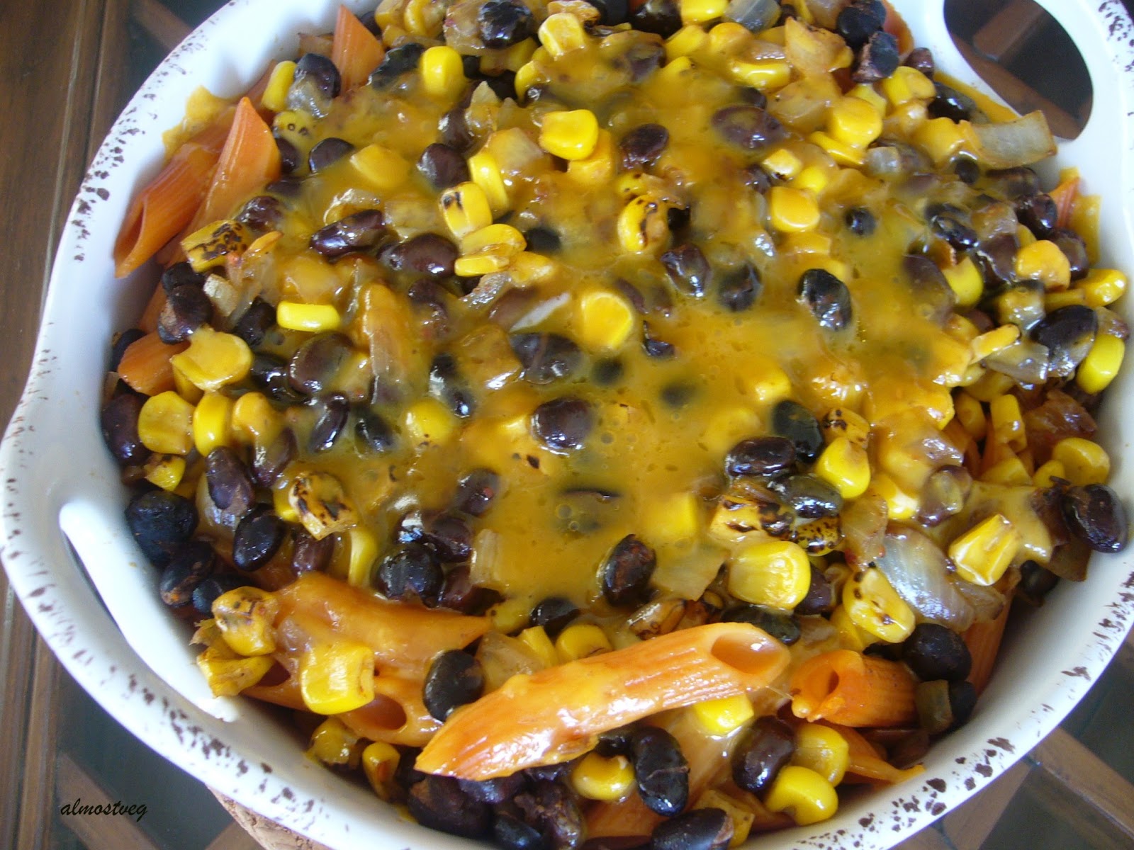 Mexican style pasta bake with roasted corn and black beans