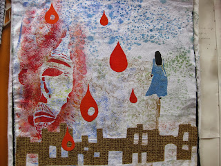 mono printing, man, woman, city structure