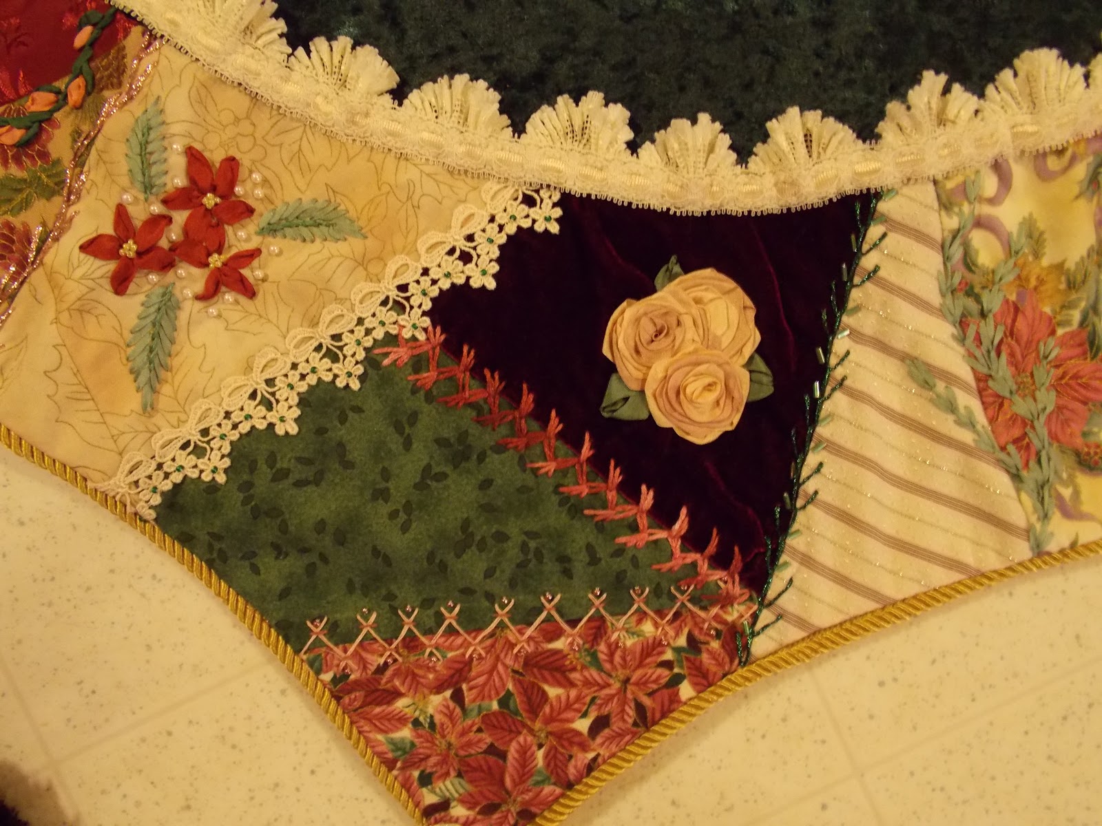 The Beaded Needle Crazy quilted tree skirt