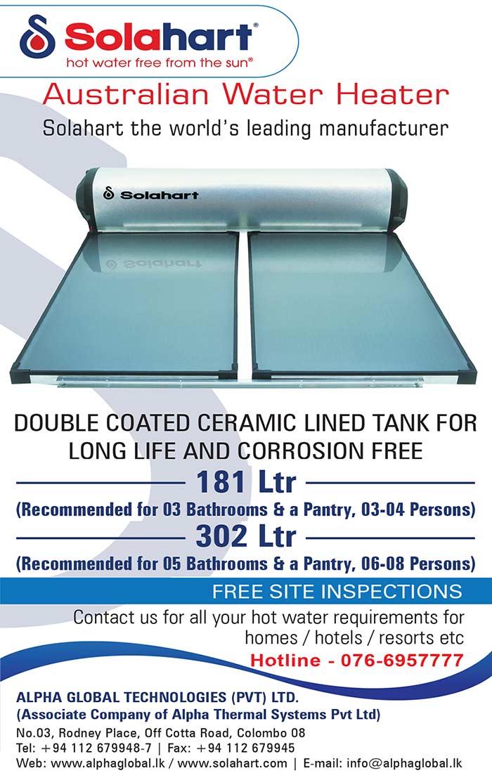 Alpha Global Technologies Private Limited has been appointed by “Solahart”, as the exclusive dealer for domestic and commercial water heating systems in Sri Lanka.  Solahart is a leading manufacturer of solar hot water systems in Australia and around the world, providing hot water to over a million of Australian households and businesses. The agreement was signed on 20th February 2013, Colombo. Alpha Global Technologies Private Limited is an associate company of Alpha Thermal Systems Private Limited, the pioneers of solar water heating industry in Sri Lanka with over 30 years of experience in the industry.  Alpha Global Technologies Private Limited looking forward to provide their service including installations and all other necessary services expected by their existing and up-coming clients as well.