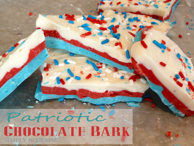 Red White and Blue Chocolate Bark - patriotic chocolate bark, perfect for #4thofJuly, #MemorialDay or #PatriotsDay or any #summer celebration!  This is so simple to make and really tasty to eat!  @SimplyDesigning  #patriotic #redwhiteblue #chocolate #recipe