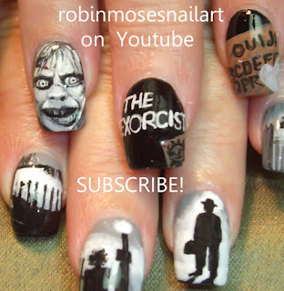 the exorcist nails, the exorcist movie nail art, horror film nail, halloween nail, creepy nails, diva spiderweb nail, spiderweb nail art, long halloween nail art, black and white nail art, freaky nail art, incredible nail art, robinmosesnailart, ouija board nail, evil nail art, 